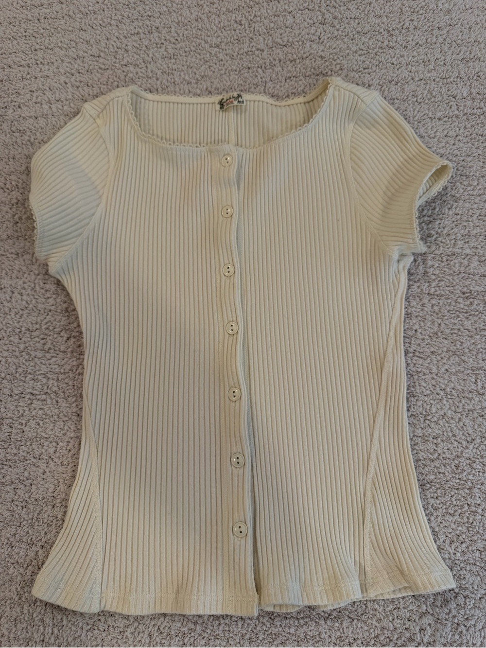 Free People Cream Ribbed Button-Front Short Sleeve Top